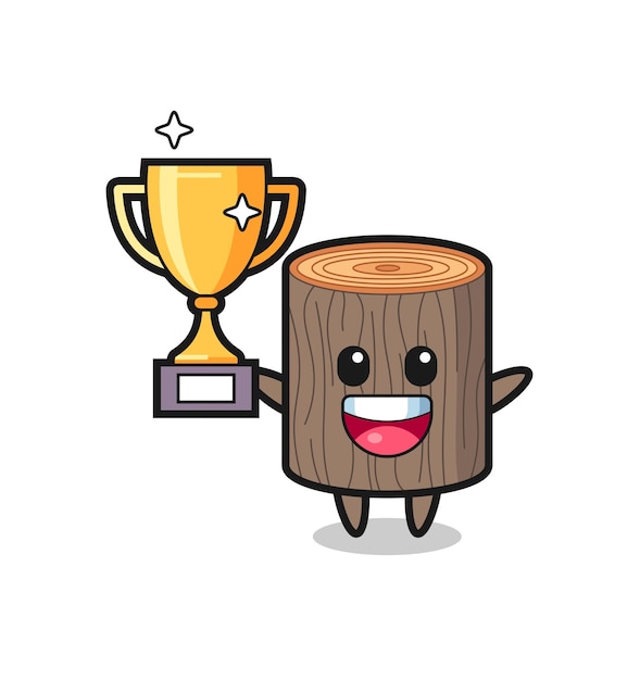 Illustration De Dessin Animé D'une Souche D'arbre Est Heureuse De Brandir Le Design Mignon Du Trophée D'or