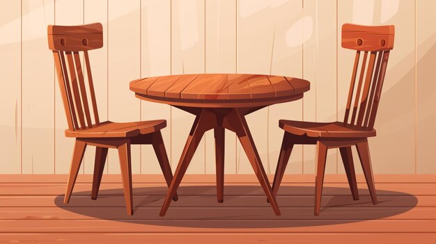 Vecteur une illustration de dessin animé d'une table et de chaises avec une chaise en bois