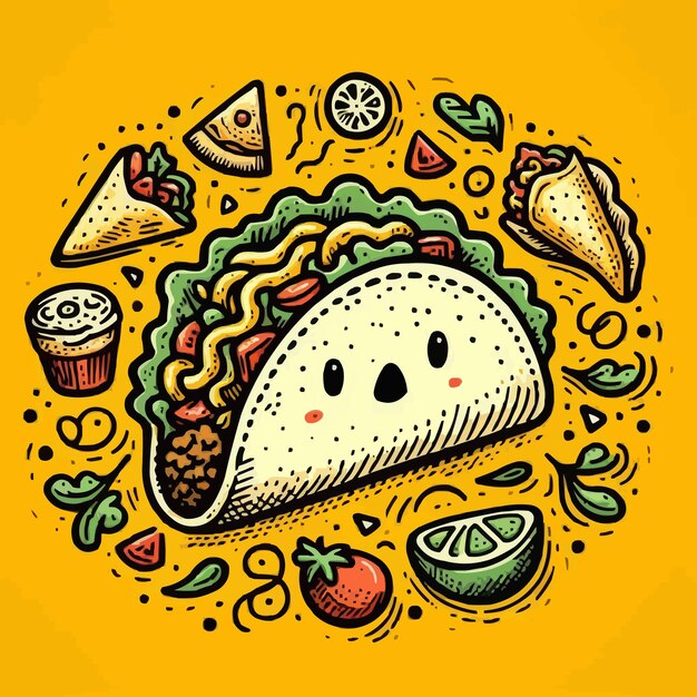 Vecteur illustration de dessin animé de tacos dessinée à la main à fond jaune