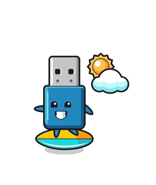 Illustration De Dessin Animé Usb Lecteur Flash Faire Du Surf Sur La Plage