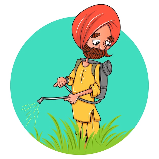 Illustration De Dessin Animé De Vecteur D'agriculteur Punjabi Avec Machine à Pulvériser