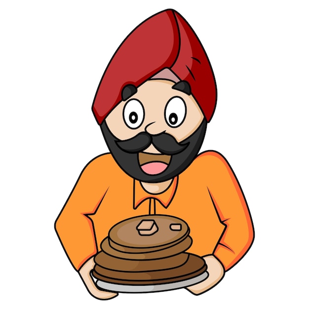 Vecteur illustration de dessin animé de vecteur d'un homme punjabi tenant une plaque de paratha à la main