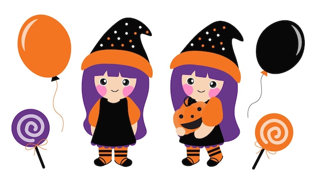 Illustration De Dessin Animé De Vecteur De Petite Fille De Sorcière à Halloween