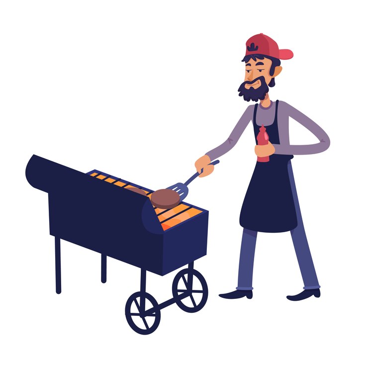 Vecteur illustration de dessin animé de viande grillée de chef.