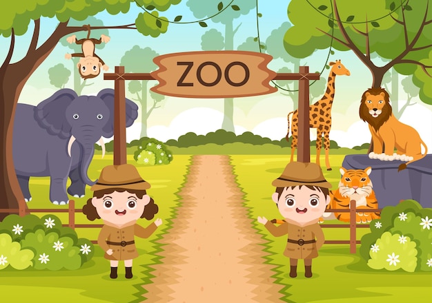 Illustration De Dessin Animé De Zoo Avec Des Animaux De Safari Sur Fond De Forêt