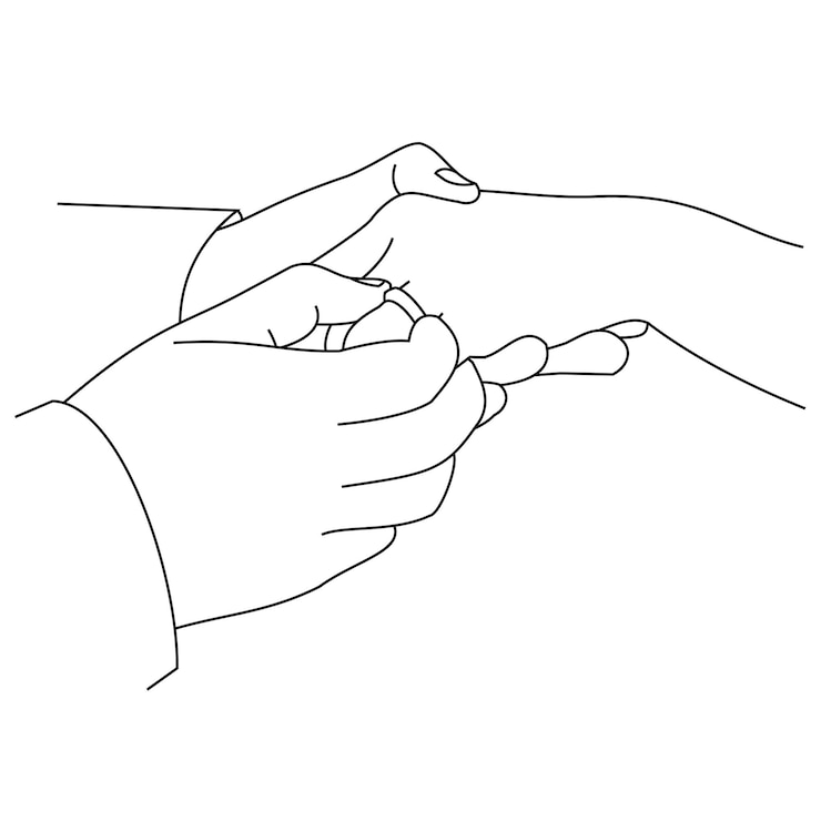 Vecteur illustration d'un dessin au trait d'un gros plan de mains échangeant des alliances