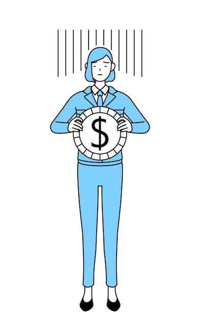 Illustration De Dessin Au Trait Simple D'une Femme Au Travail Portant Une Image De Perte De Change Ou De Dépréciation Du Dollar