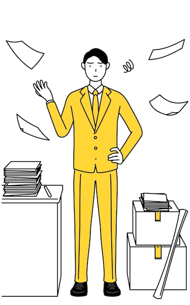 Illustration De Dessin Au Trait Simple D'un Homme D'affaires En Costume Qui En A Marre De Son Entreprise Non Organisée