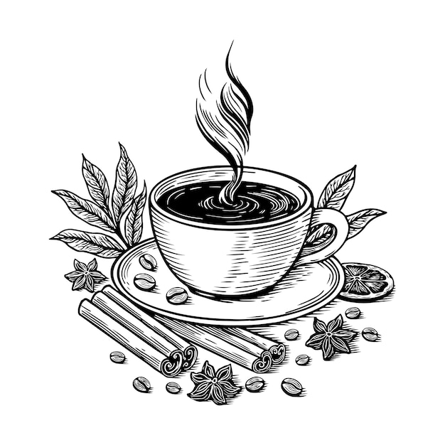 Illustration de dessin de ligne d'une tasse de café avec des éléments d'épices