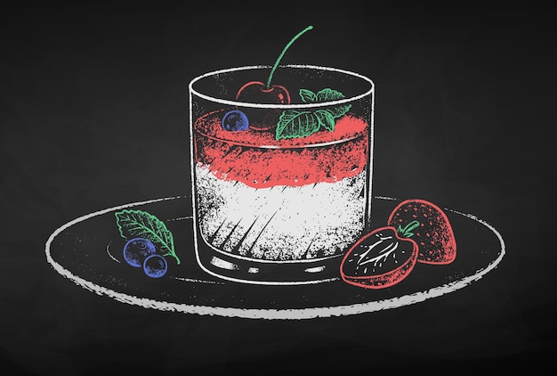 Vecteur illustration dessinée à la craie de panna cotta en verre sur fond de tableau noir