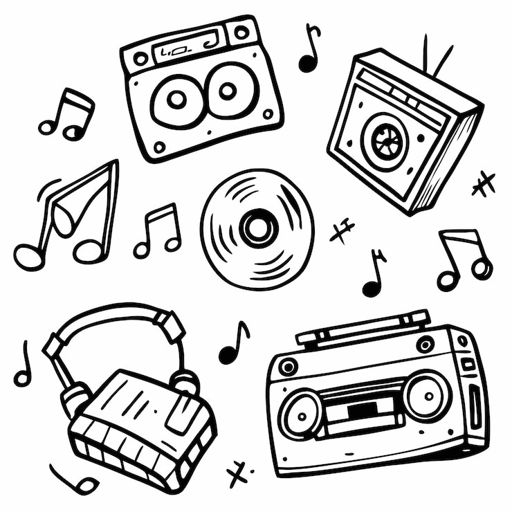 Vecteur illustration dessinée à la main d'appareils de musique vintage, y compris un lecteur de cassettes, des écouteurs et un lecteur à disques
