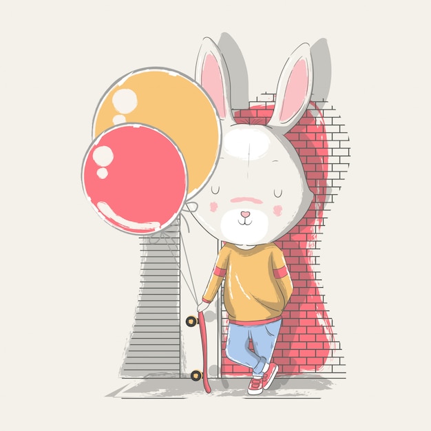 Illustration Dessinée à La Main D'un Bébé Lapin Mignon Avec Planche à Roulettes Et Ballons.