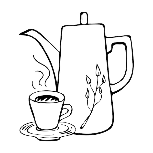 Illustration Dessinée à La Main D'une Cafetière Et De Tasses Dans Un Style Doodle