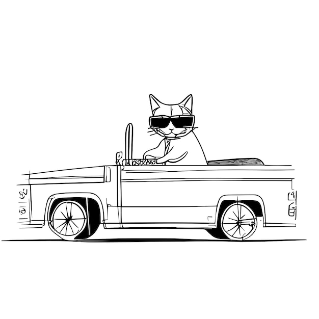 Illustration dessinée à la main d'un chat cool conduisant une voiture