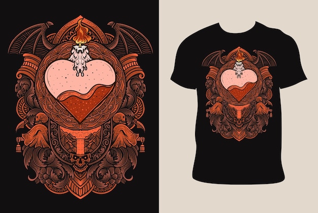 Vecteur illustration dessinée à la main cœur d'amour vintage avec ornement gravé sur maquette de t-shirt