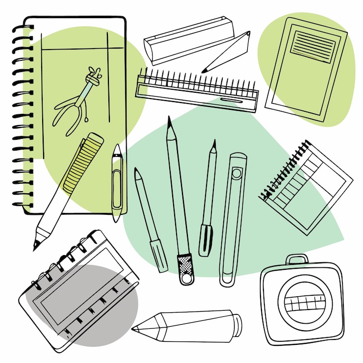 Vecteur illustration dessinée à la main de divers fournitures scolaires
