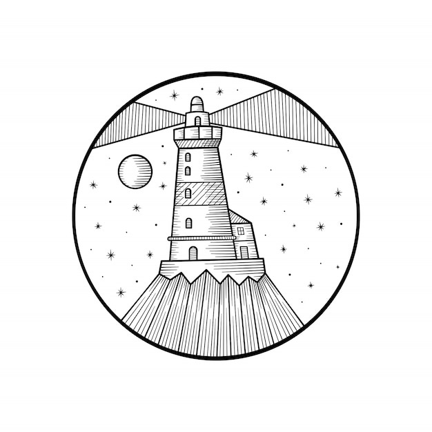 Illustration Dessinée à La Main Du Phare Avec Des Rayons Et Des Vagues.