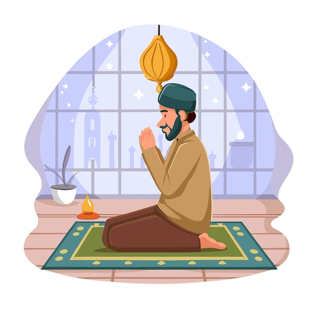 Vecteur illustration dessinée à la main du ramadan avec une personne priant