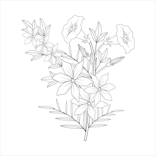 Illustration Dessinée à La Main élément Floral Pour La Conception En Couleur Noire Croquis à L'encre Bouquet De Fleurs Et Feuilles Conception Graphique D'illustration Vectorielle