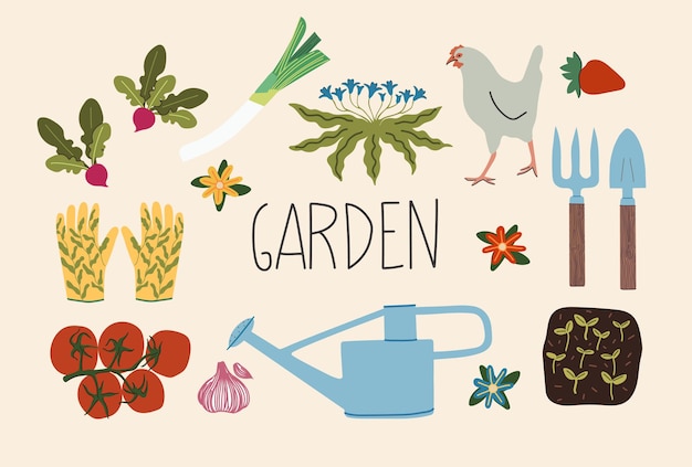 Illustration Dessinée à La Main D'éléments De Jardin Et De Ferme Dans Un Style Plat