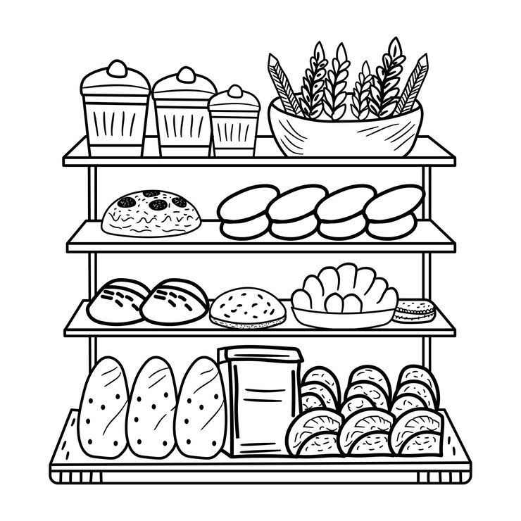 Vecteur illustration dessinée à la main d'une étagère de boulangerie remplie de divers produits de boulagerie