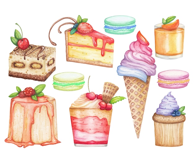 Vecteur illustration dessinée à la main avec de la glace, des gâteaux sucrés, des muffins, du macaron isolé sur blanc