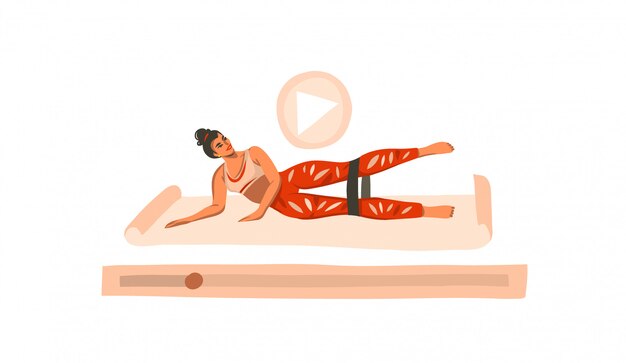 Illustration Dessinée à La Main Avec Une Jeune Femme Heureuse, Faire Du Fitness Sur Tapis Et Regarder Une Vidéo De Formation En Ligne Isolée Sur Fond Blanc