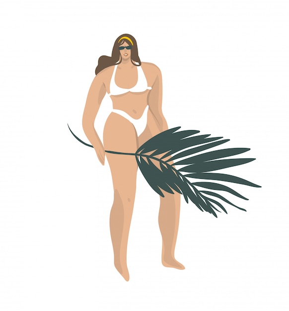 Vecteur illustration dessinée à la main avec une jeune femme souriante positive heureuse en maillot de bain sur la plage avec congé tropical isolé sur fond blanc