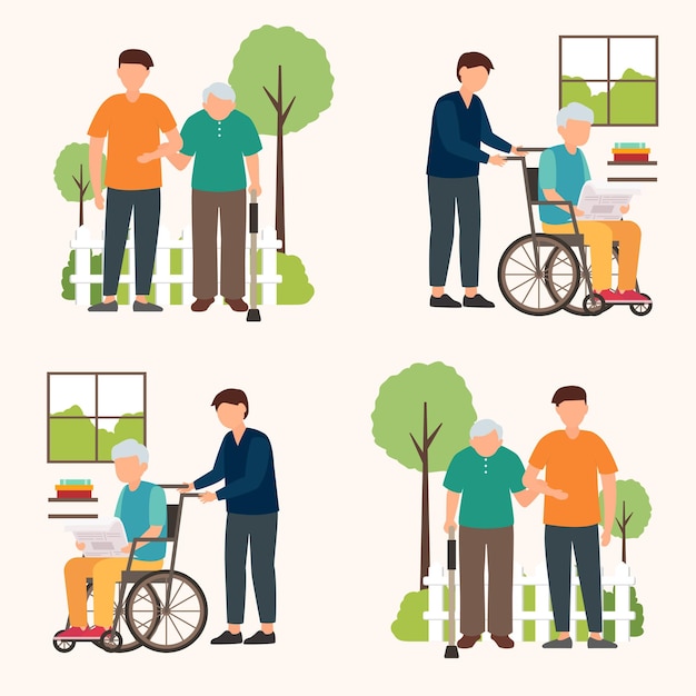 Illustration dessinée à la main de jeunes aidant les personnes âgées