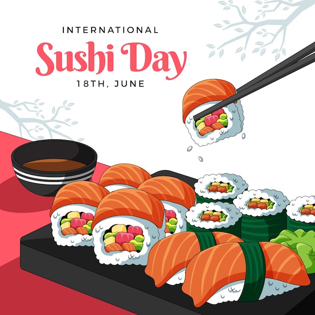 Vecteur illustration dessinée à la main de la journée internationale du sushi