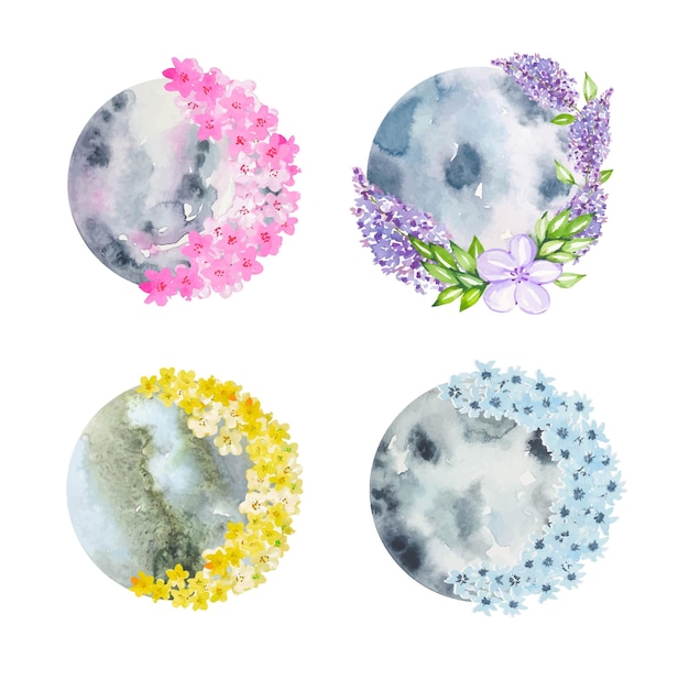 Illustration dessinée à la main de la lune avec des fleurs lilas fleur lune aquarelle