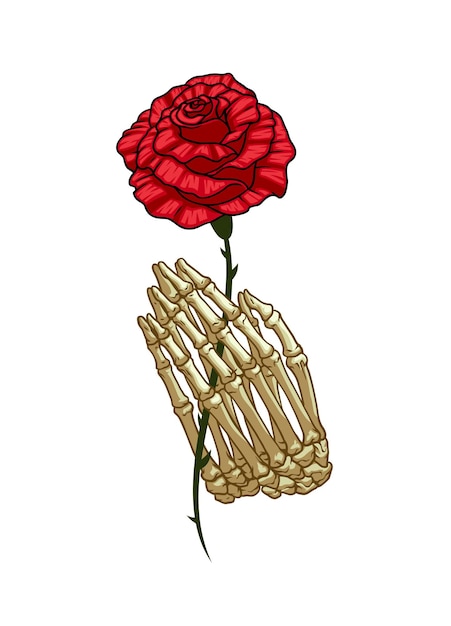 Illustration Dessinée à La Main D'une Main D'os Tenant Une Rose Rouge