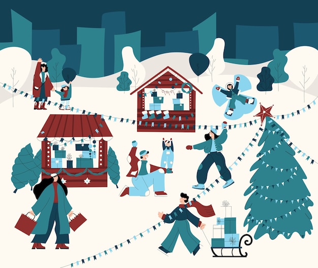 Vecteur illustration dessinée à la main d'un marché de noël avec des gens faisant du shopping jouant aux boules de neige avec leur famille s'amusant