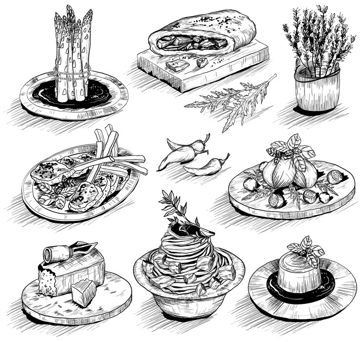 Vecteur illustration dessinée à la main avec de la nourriture méditerranéenne
