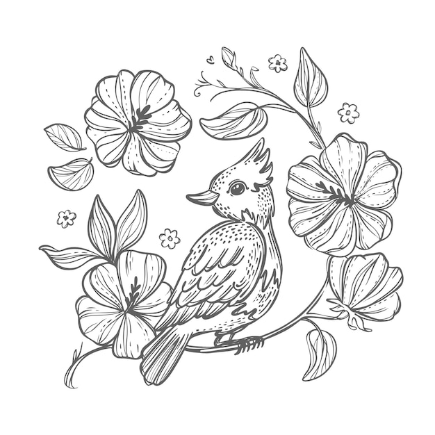 Vecteur illustration dessinée à la main d'oiseau dans un style vintage avec des fleurs