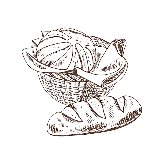 Illustration dessinée à la main d'un panier en osier avec une miche de pain, une icône de croquis et un élément de boulangerie