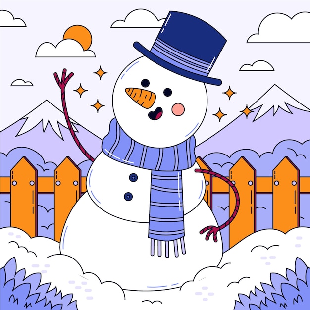 Illustration dessinée à la main pour la saison d'hiver avec bonhomme de neige agitant