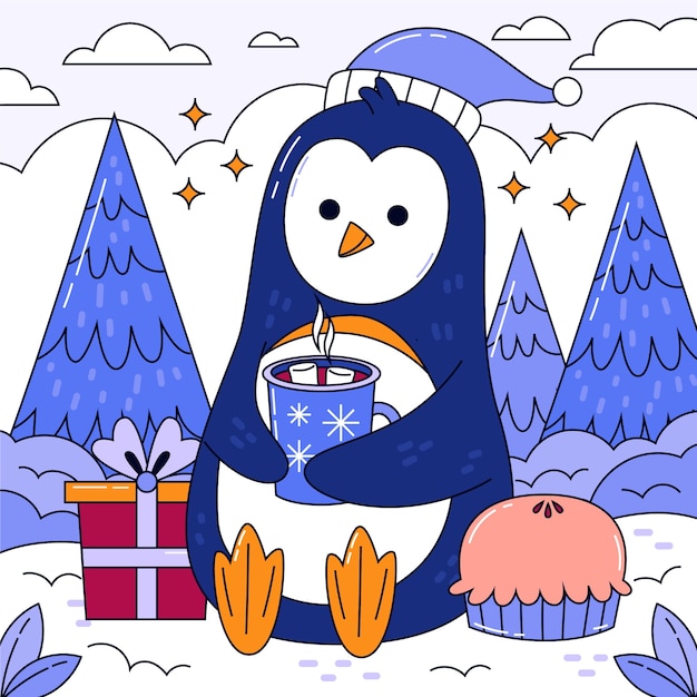 Illustration dessinée à la main pour la saison d'hiver avec un pingouin tenant une boisson chaude