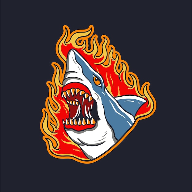 Illustration dessinée à la main d'un requin avec le feu