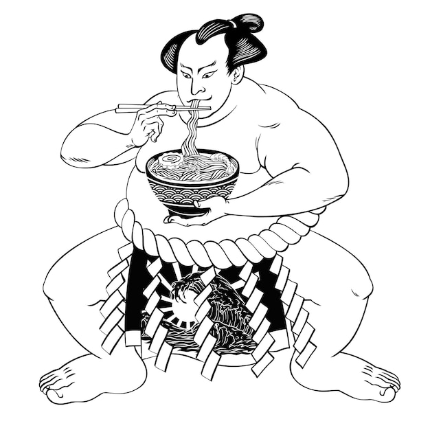 Illustration Dessinée à La Main De Sumo Eating Ramen Illustration Vectorielle En Noir Et Blanc Isolée