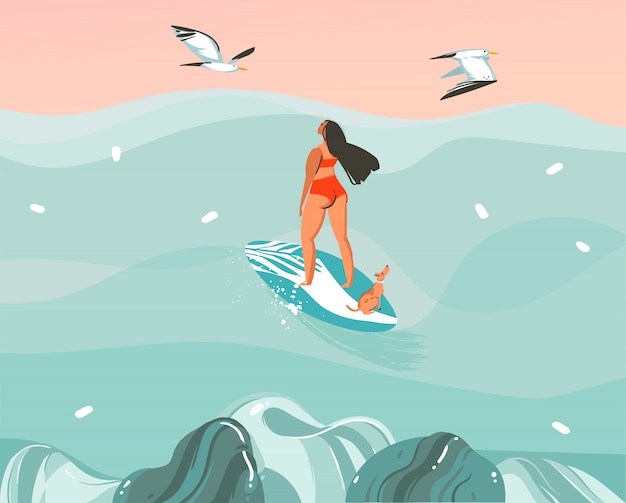 Illustration Dessinée à La Main Avec Une Surfeuse Surfant Avec Un Chien Et Des Mouettes Sur Fond De Paysage De Vagues Océaniques