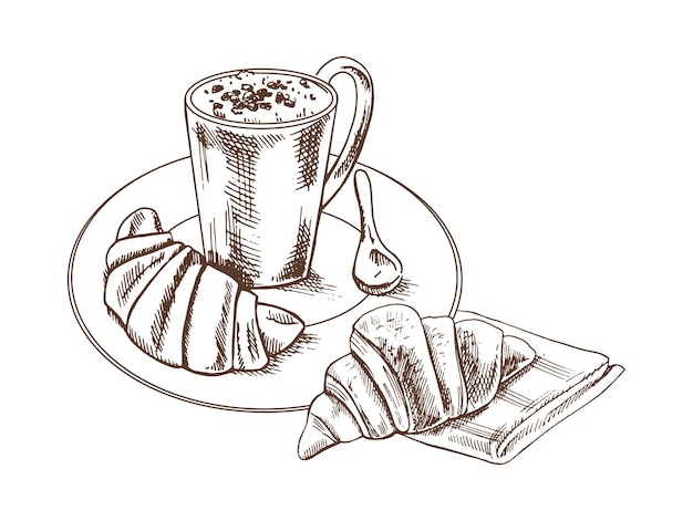 Vecteur illustration dessinée à la main d'une tasse de café avec des croissants une cuillère sur une assiette, élément de boulangerie sketch