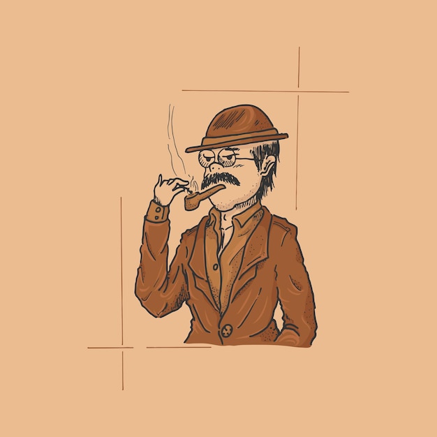 Illustration dessinée à la main Vieil homme en costume marron et chapeau allumant la cigarette