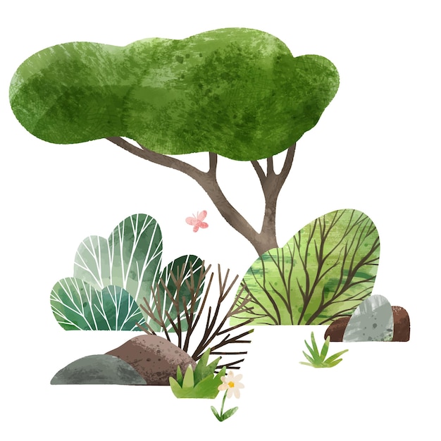 Illustration de dessinés à la main des éléments de la forêt aquarelle
