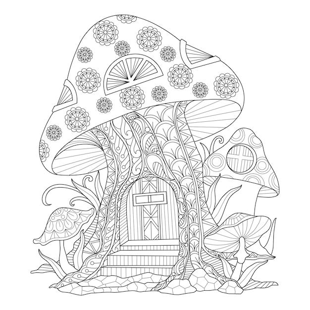 Illustration De Dessinés à La Main De La Maison De Champignons Dans Le Style Zentangle