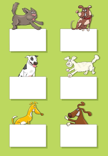 Vecteur illustration de dessins animés de chiens et de chiots personnages animaux avec des cartes vierges ou des bannières ensemble de conception