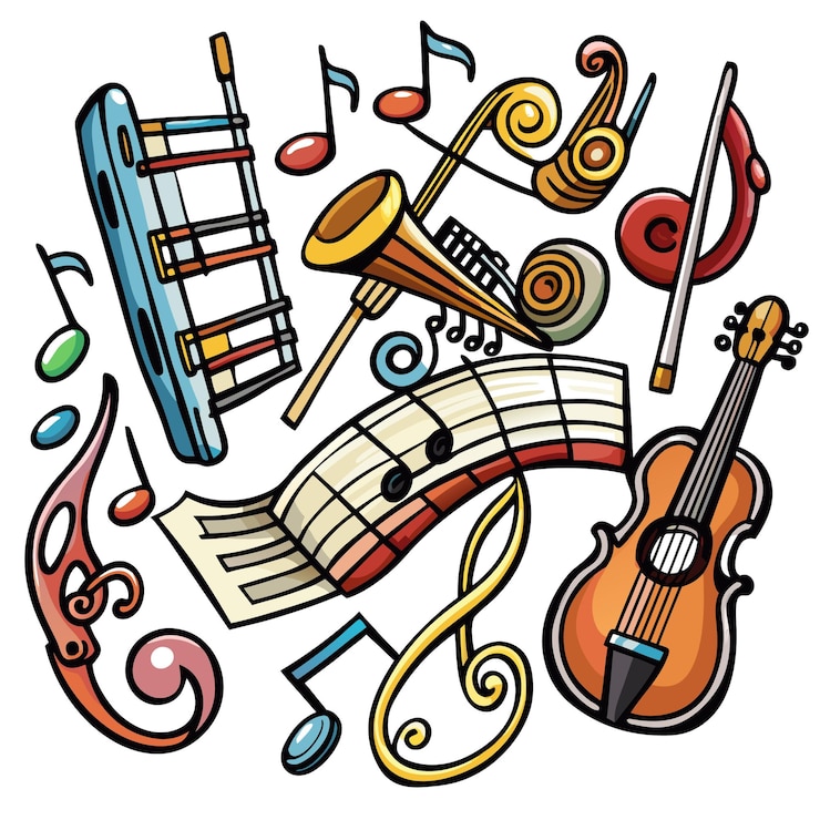 Vecteur illustration de dessins animés colorés de divers instruments de musique notes de musique et une feuille de musique