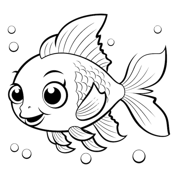 Vecteur illustration de dessins animés en noir et blanc de personnages d'animaux de poissons mignons