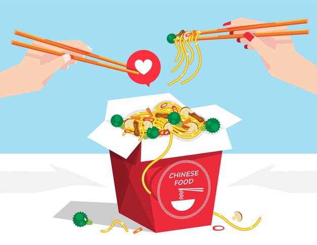 Illustration Dessins Plats De Couple Aime Manger Livraison Boîte De Nourriture De Nouilles Frites Chinoises Sur La Table