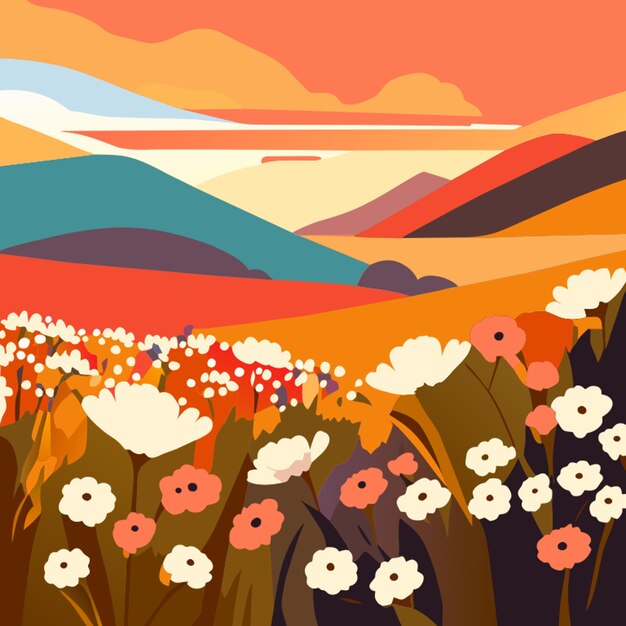 Vecteur illustration détaillée de la prairie pleine de fleurs sur une colline vectorielle